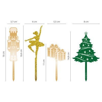 Quatro toppers de bolo em madeira com designs natalícios e dimensions indicadas