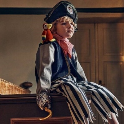 Criança vestida de pirata com papagaio de peluche no ombro e gancho na mão, sentada num móvel de madeira