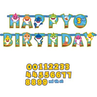 Decoração colorida de aniversário com letras e números e desenhos de tubarões