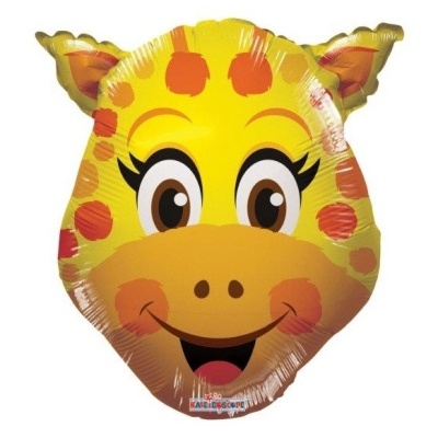 Balão metalizado em forma de cabeça de girafa sorridente amarelo com manchas laranja