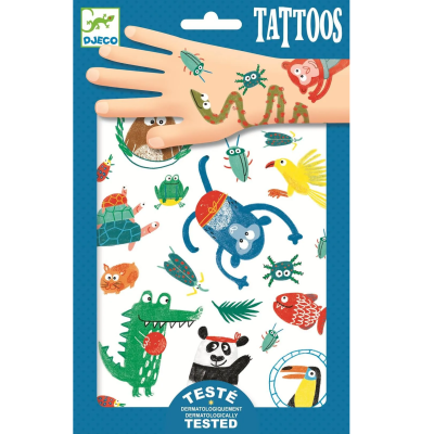 Pacote de tatuagens temporárias com desenhos de animais coloridos