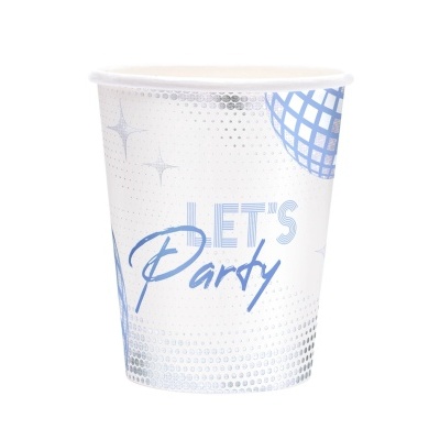 Copo descartável branco com texto LETS Party e padrão azul e prata