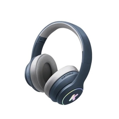 Headphones cinza e azul com almofadas de tecido macio e logótipo K