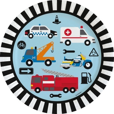 Prato redondo azul claro com veículos de emergência e borda preta e branca