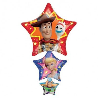 Três balões metálicos em forma de estrela com personagens de Toy Story
