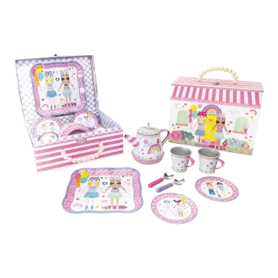 Conjunto de chá infantil colorido com caixas de arrumação e acessórios decorados com bonecas e arco-íris