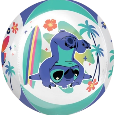 Balão redondo de festa com desenhos coloridos de personagens animados, flores, pranchas de surf e palmeiras