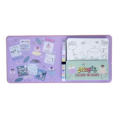 Cartões para colorir com caneta mágica FLIP & ROCK e embalagem lilás com ilustrações de bailarinas e texto Magic Colour-in Cards.