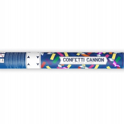 Canhão de confetes azul com texto CONFETTI CANNON
