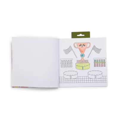 Livro para colorir com desenho de troféu, bandeiras e pódios.