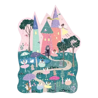 Puzzle infantil com castelo, fadas e natureza em cores pastel