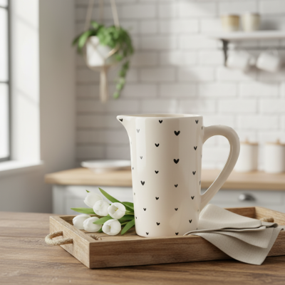 Jarro branco com corações pretos numa bandeja de madeira com flores brancas