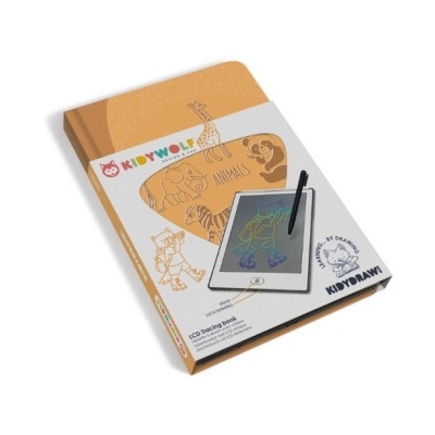 Bloco de desenho LCD para crianças com capa ilustrada, caneta preta e desenho colorido no ecrã.