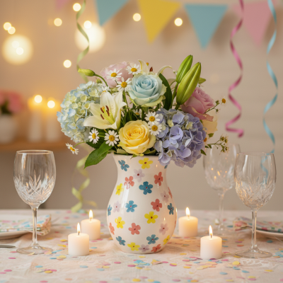 Arranjo floral colorido em jarro cerâmico na mesa decorada para festa com velas e copos de cristal.