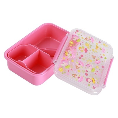 Caixa rosa para refeições com tampa transparente e desenhos de fadas