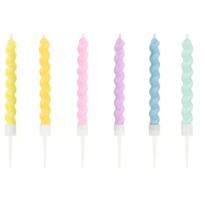 Seis velas giradas de cores pastel com suporte plástico branco