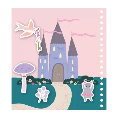 Ilustração infantil de castelo, pássaro, cogumelo e rato em cores suaves.