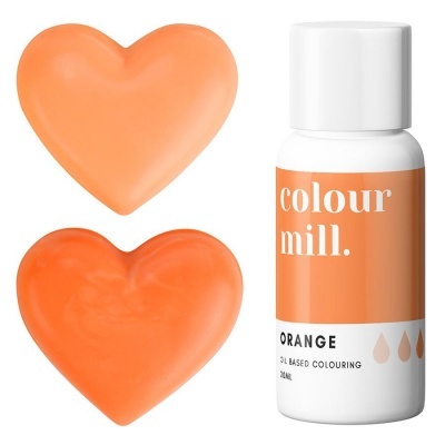 Frasco branco com rótulo laranja de corante à base de óleo e duas amostras em forma de coração em tons de laranja