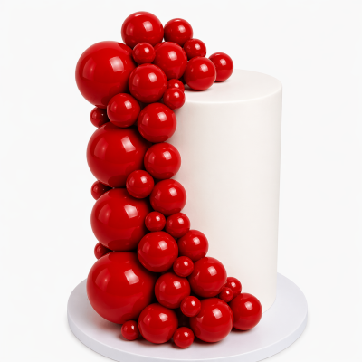 Bolo branco com decoração de bolas vermelhas