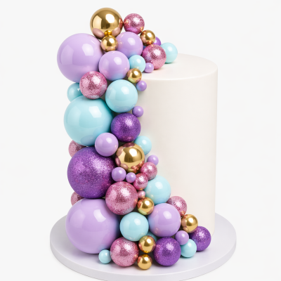 Bolo branco cilíndrico com decoração colorida de esferas grandes e pequenas.