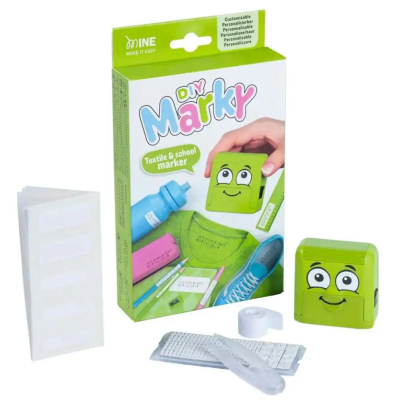 Kit DIY Marky marcador têxtil verde com rosto sorridente e acessórios em embalagem