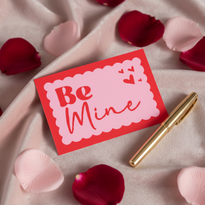 Cartão vermelho e rosa com texto Be Mine, caneta dourada e pétalas de rosa sobre cetim