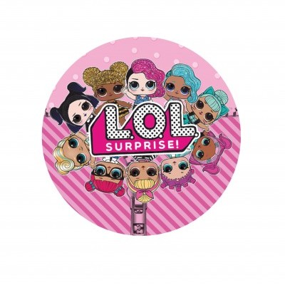 Produto redondo rosa com personagens e texto L.O.L SURPRISE!