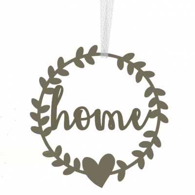 Enfeite decorativo circular metálico cinza com a palavra 'home' e folhas