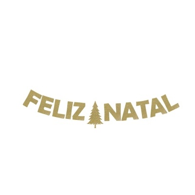 faixa decorativa 'FELIZ NATAL' dourada com glitter e árvore de Natal