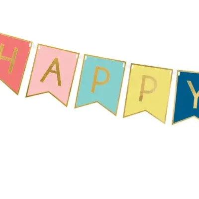 Fitas decorativas coloridas com letras da palavra HAPPY