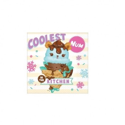 Desenho de gelado azul com cobertura castanha e texto colorido em fundo com flocos de neve.