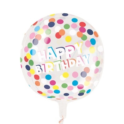 Balão redondo transparente com pontos coloridos e texto HAPPY BIRTHDAY