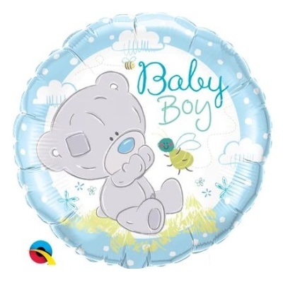 Balão azul e branco com urso cinza e texto Baby Boy