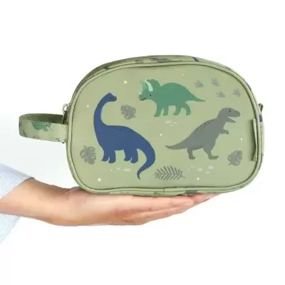 Necessaire verde com dinossauros e folhas desenhadas