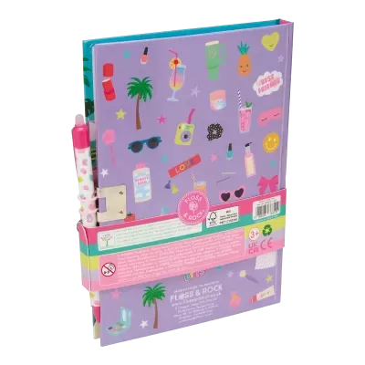 Caderno roxo com desenhos coloridos e caneta rosa com pontos brancos