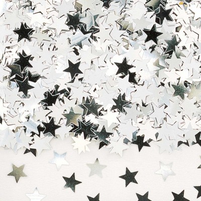 Confetes em forma de estrelas prateadas e pretas sobre fundo branco