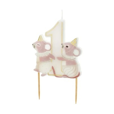 Vela decorativa número 1 com ratos cor-de-rosa e chapéus de festa