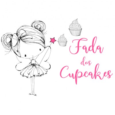Desenho a preto e branco de fada com varinha e dois cupcakes com texto 'Fada dos Cupcakes' em rosa