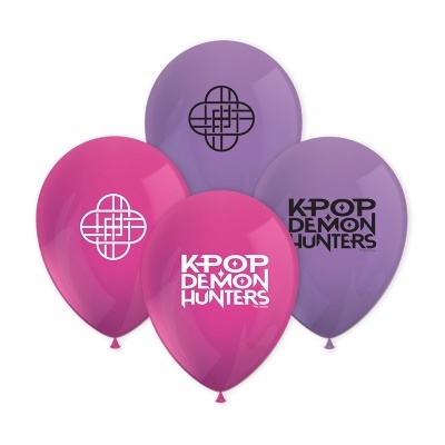 Balões rosa e roxos com texto e símbolo KPOP DEMON HUNTERS