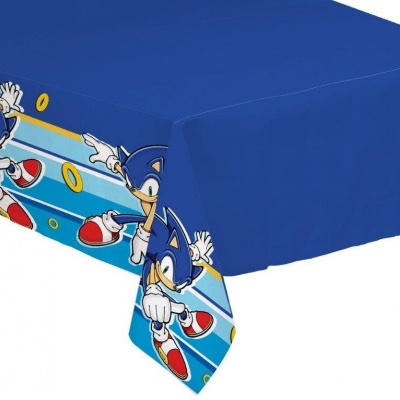 Toalha de mesa azul com estampado do personagem Sonic e anéis amarelos