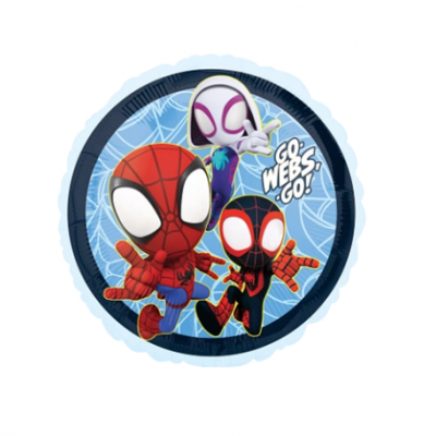 Balão azul redondo com Spider-Man em estilo cartoon e texto GO WEBS GO!
