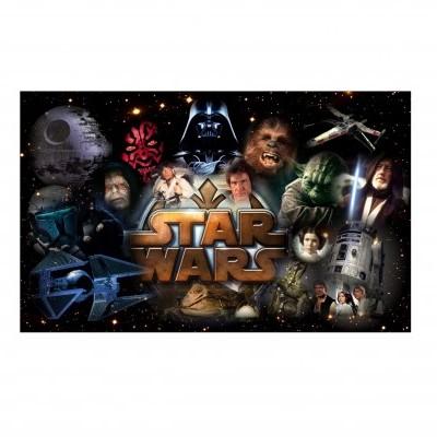 Logótipo STAR WARS rodeado por personagens e elementos da saga no espaço