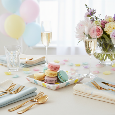 Mesa decorada com macarons em prato floral, talheres dourados, flutes de champanhe, balões coloridos e flores.