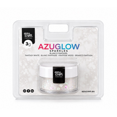 Frasco com glitter branco fantasia AZUGLOW SPARKLES da marca Azucren em embalagem transparente