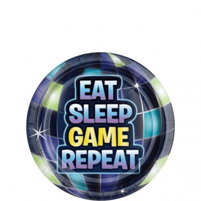 Prato redondo de papel com texto EAT SLEEP GAME REPEAT