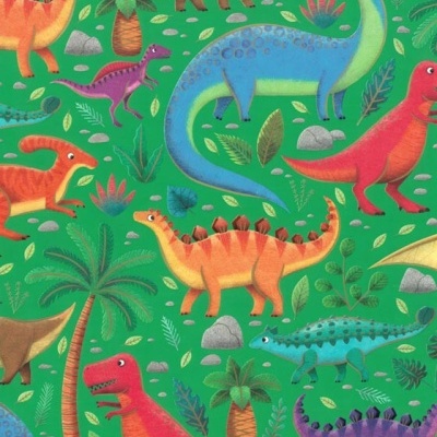 Papel de parede com dinossauros coloridos e plantas sobre fundo verde