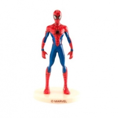 Figura de ação do Homem-Aranha em vermelho e azul com padrão de teia.