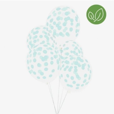 Cinco balões brancos com bolinhas verdes claras e ícone verde de folhas