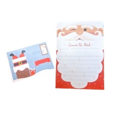 Papel de carta infantil com carta para o Pai Natal e envelope azul ilustrado