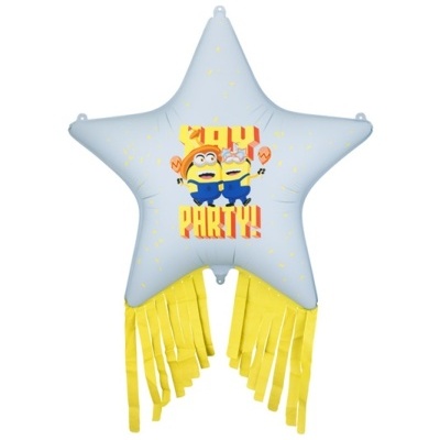 Balão estrela cinza com franjas amarelas e design de personagens com texto YOU PARTY!